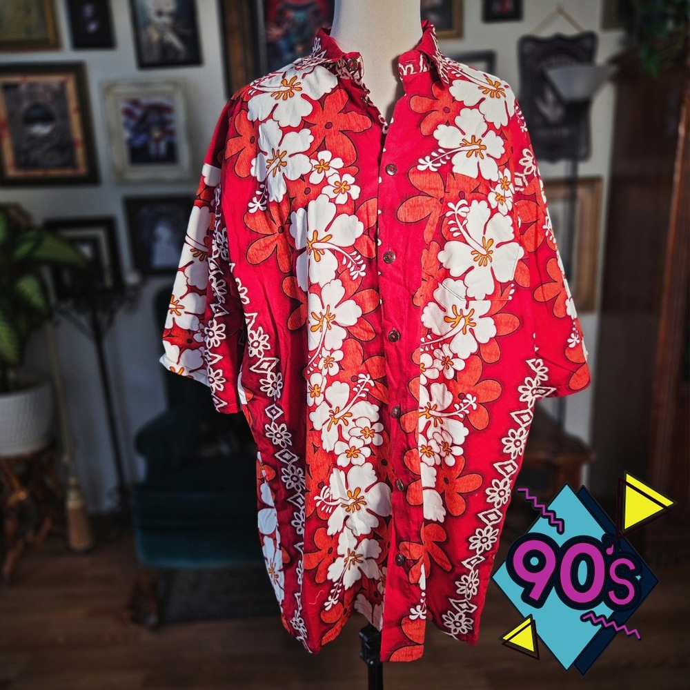 Vintage Hawaiian Shirt Red Hibiscus Floral Aloha Tropical Beach Button Down 2XL